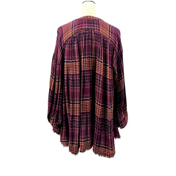 Free People Come On Over Maroon Wine Plaid Flannel Oversized Long Sleeve Shirt - Picture 5 of 14